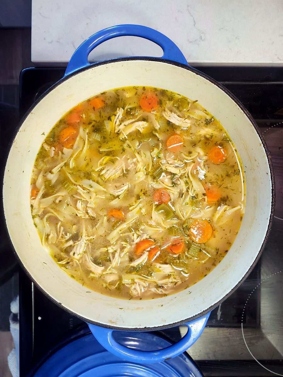 Homemade chicken noodle soup in a Dutch oven